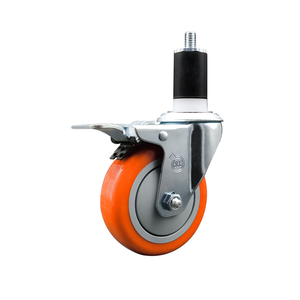 Stainless Steel Polyurethane Expanding Stem Swivel Caster with 4 Inch Orange Wheel and 1-1/2" Stem & Total Locking Brake - 350 lbs. Capacity Per Caster - Service Caster Brand — photo 1