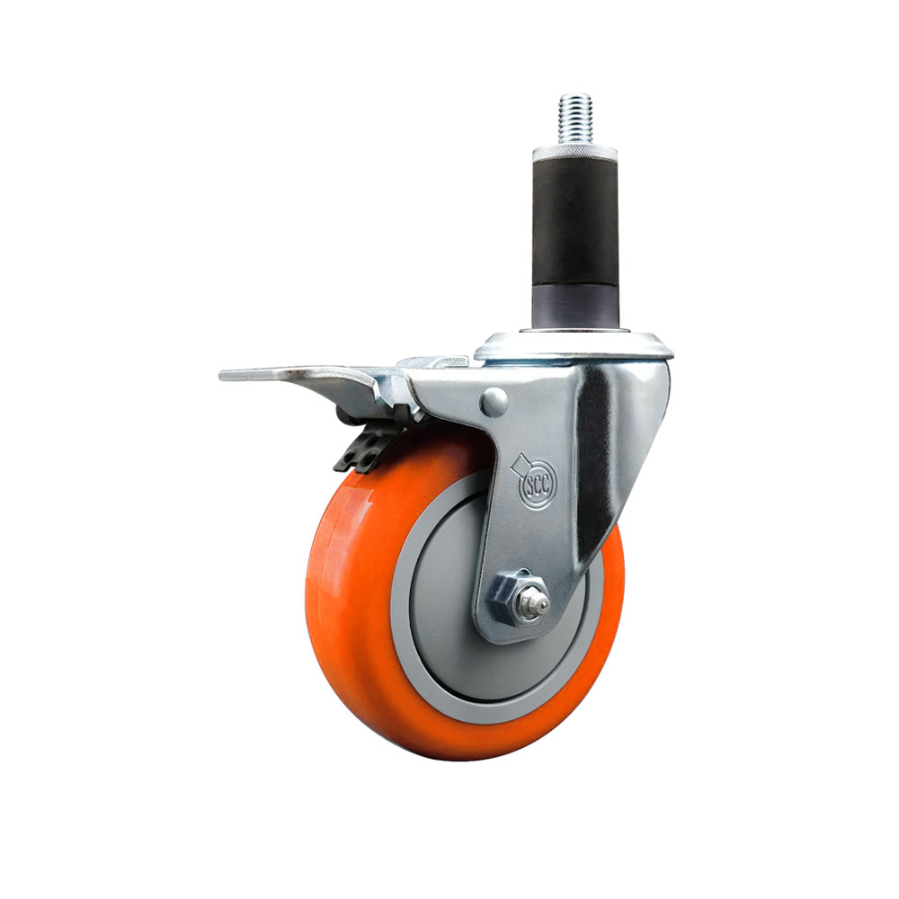 Stainless Steel Polyurethane Expanding Stem Swivel Caster with 4 Inch Orange Wheel and 1-1/4" Stem & Total Locking Brake - 350 lbs. Capacity Per Caster - Service Caster Brand — photo 1