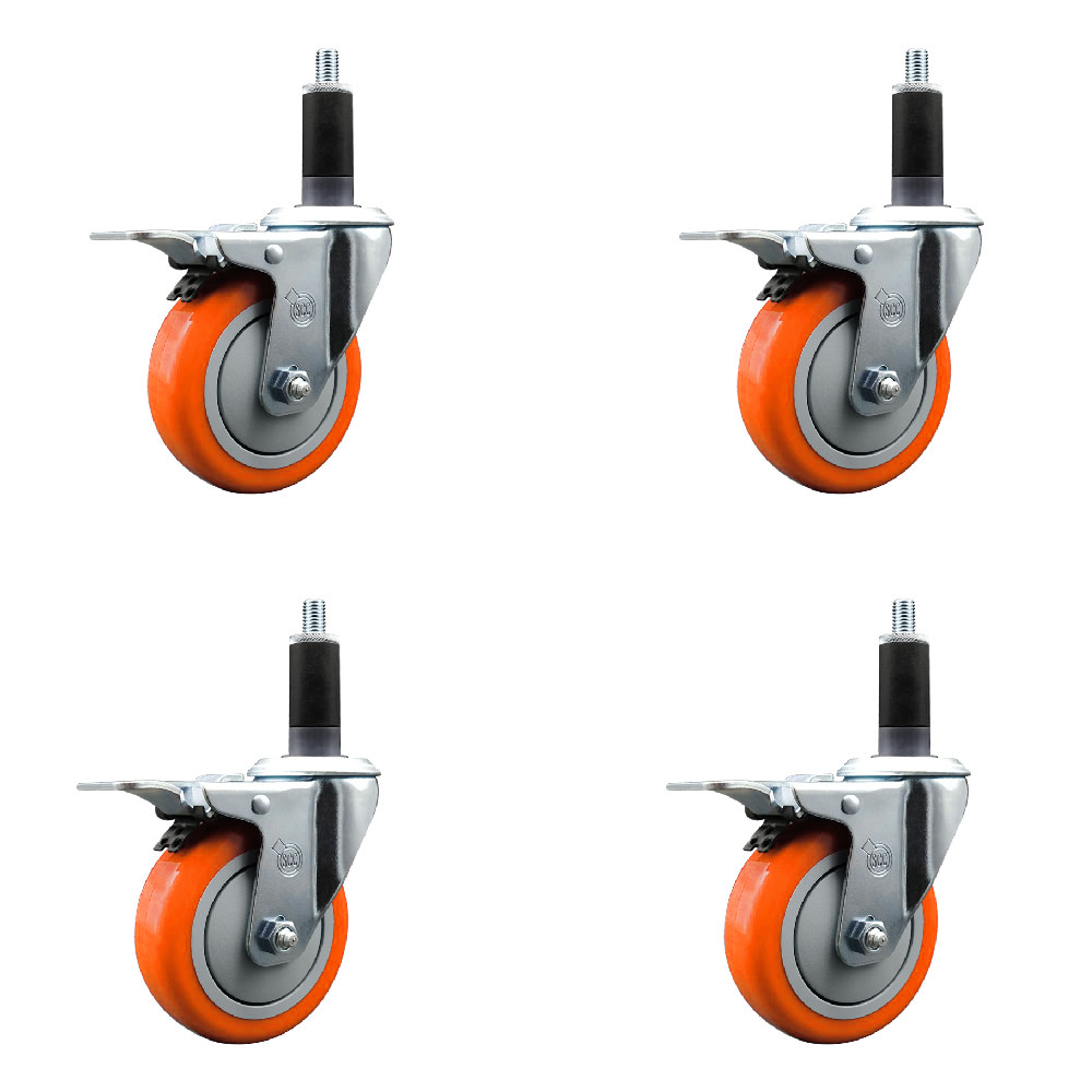 Polyurethane Swivel Expanding Stem Caster Set of 4 with 4 Inch Orange Wheels and 1-1/8" Stems - Includes 4 Swivel with Total Locking Brakes - 350 lbs. Capacity Per Caster - Service Caster Brand — photo 1