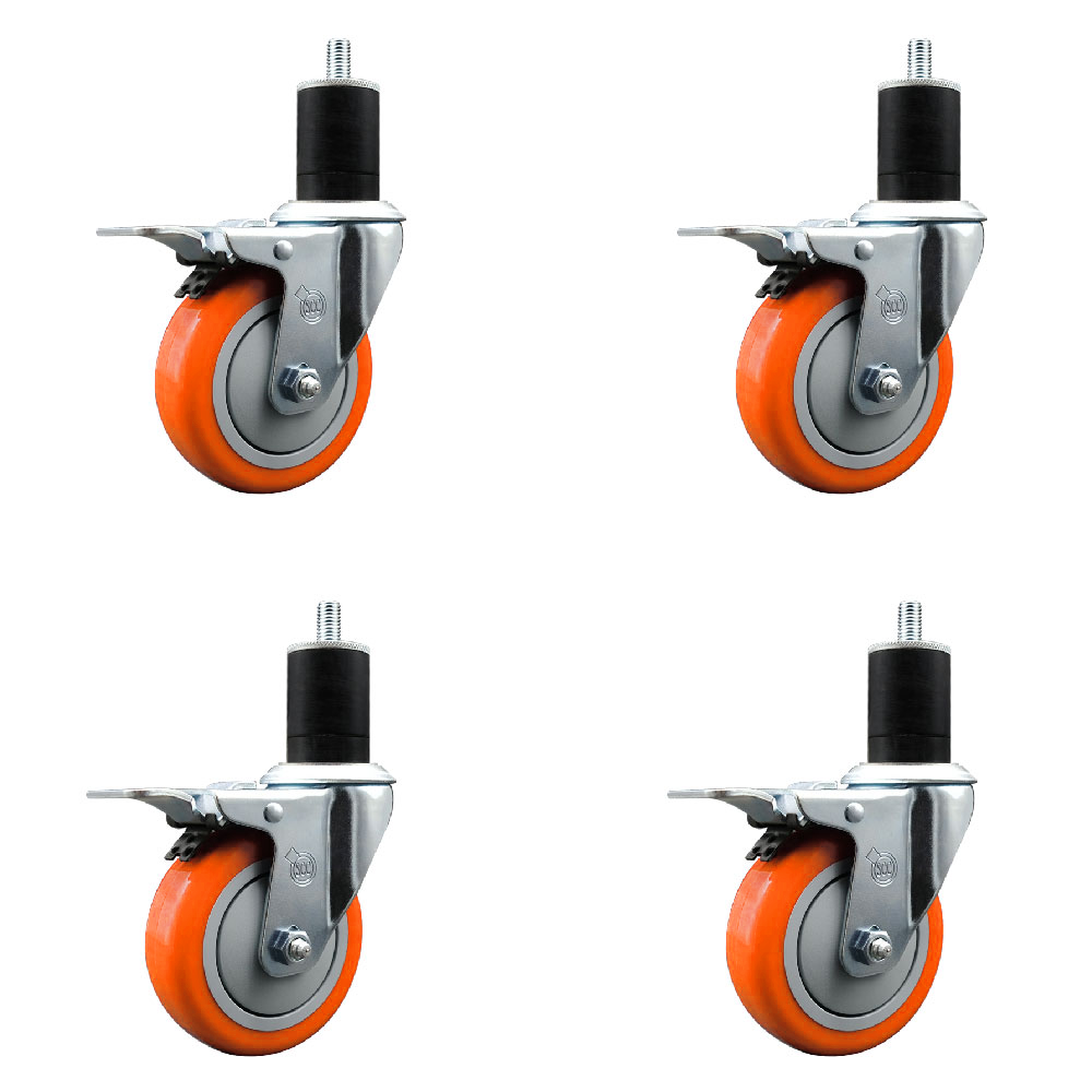 Polyurethane Swivel Expanding Stem Caster Set of 4 with 4 Inch Orange Wheels and 1-3/4" Stems - Includes 4 Swivel with Total Locking Brakes - 350 lbs. Capacity Per Caster - Service Caster Brand — photo 1