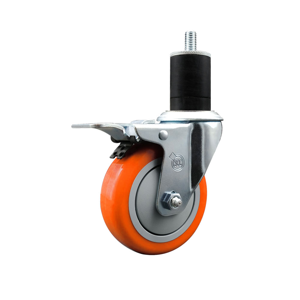 Stainless Steel Polyurethane Expanding Stem Swivel Caster with 4 Inch Orange Wheel and 1-3/4" Stem & Total Locking Brake - 350 lbs. Capacity Per Caster - Service Caster Brand — photo 1