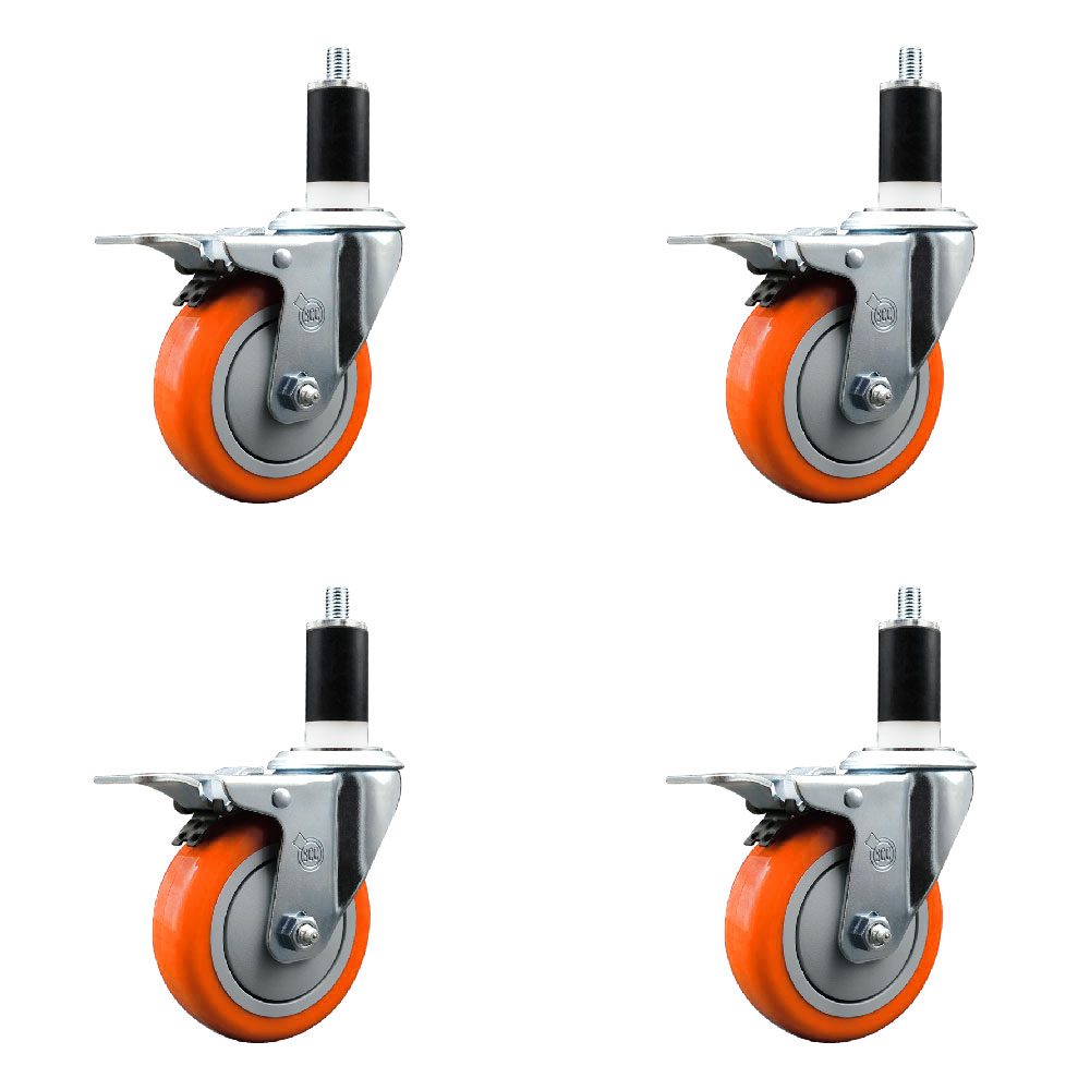Polyurethane Swivel Expanding Stem Caster Set of 4 with 4 Inch Orange Wheels and 1-3/8" Stems - Includes 4 Swivel with Total Locking Brakes - 350 lbs. Capacity Per Caster - Service Caster Brand — photo 1