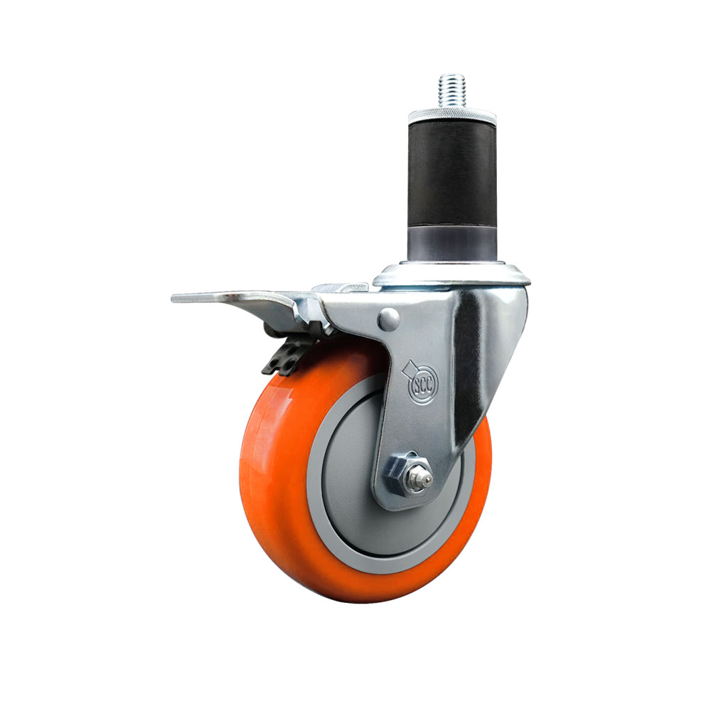 Polyurethane Expanding Stem Swivel Caster with 4 Inch Orange Wheel and 1-5/8" Stem & Total Locking Brake - 350 lbs. Capacity Per Caster - Service Caster Brand — photo 1