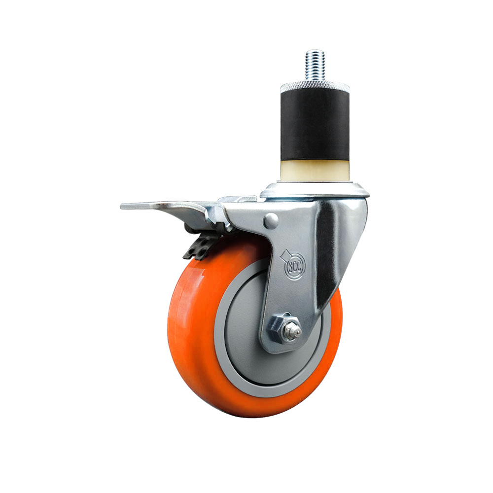 Polyurethane Expanding Stem Swivel Caster with 4 Inch Orange Wheel and 1-7/8" Stem & Total Locking Brake - 350 lbs. Capacity Per Caster - Service Caster Brand — photo 1