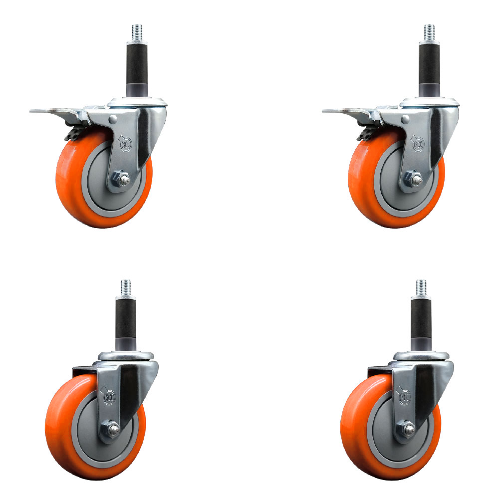Polyurethane Swivel Expanding Stem Caster Set of 4 with 4 Inch Orange Wheels and 1" Stems - Includes 2 with Total Locking Brakes - 1400 lbs Total Capacity - Service Caster Brand — photo 1