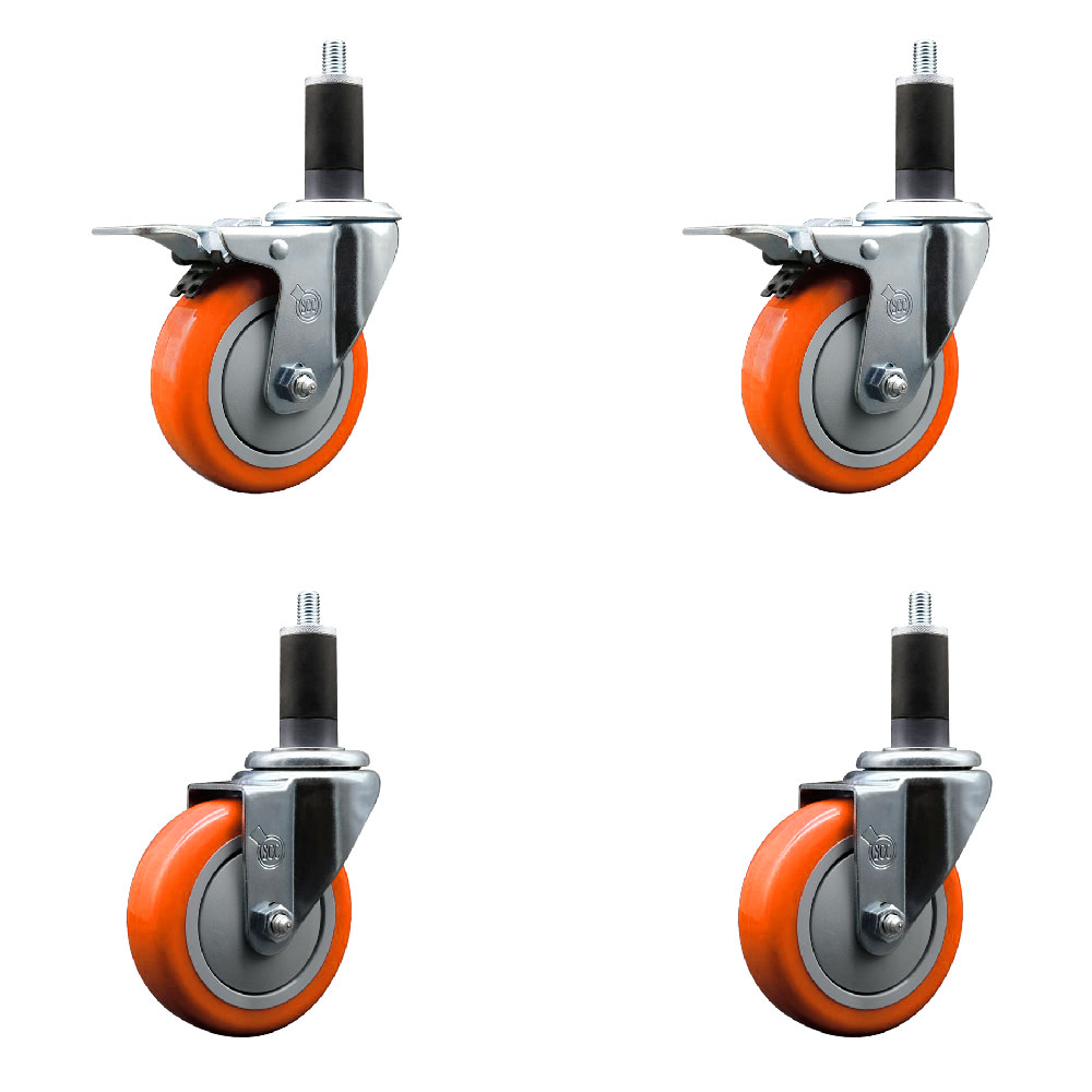 Polyurethane Swivel Expanding Stem Caster Set of 4 with 4 Inch Orange Wheels and 1-1/4" Stems - Includes 2 with Total Locking Brakes - 1400 lbs Total Capacity - Service Caster Brand — photo 1