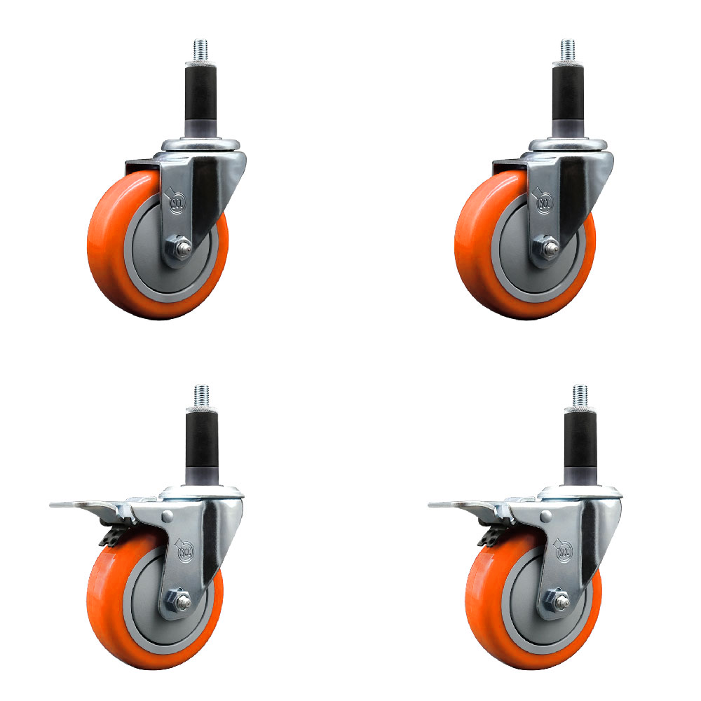 Polyurethane Swivel Expanding Stem Caster Set of 4 with 4 Inch Orange Wheels and 1-1/8" Stems - Includes 2 with Total Locking Brakes - 1400 lbs Total Capacity - Service Caster Brand — photo 1