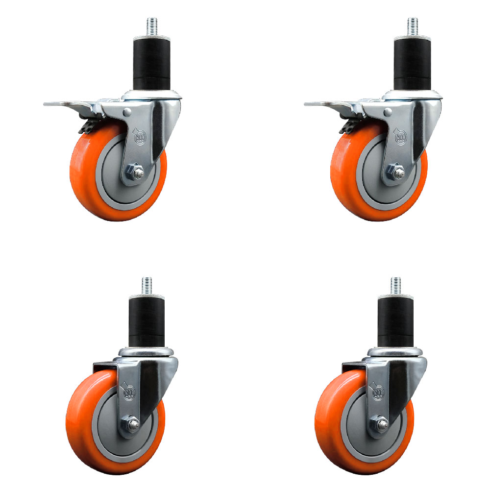 Polyurethane Swivel Expanding Stem Caster Set of 4 with 4 Inch Orange Wheels and 1-3/4" Stems - Includes 2 with Total Locking Brakes - 1400 lbs Total Capacity - Service Caster Brand — photo 1