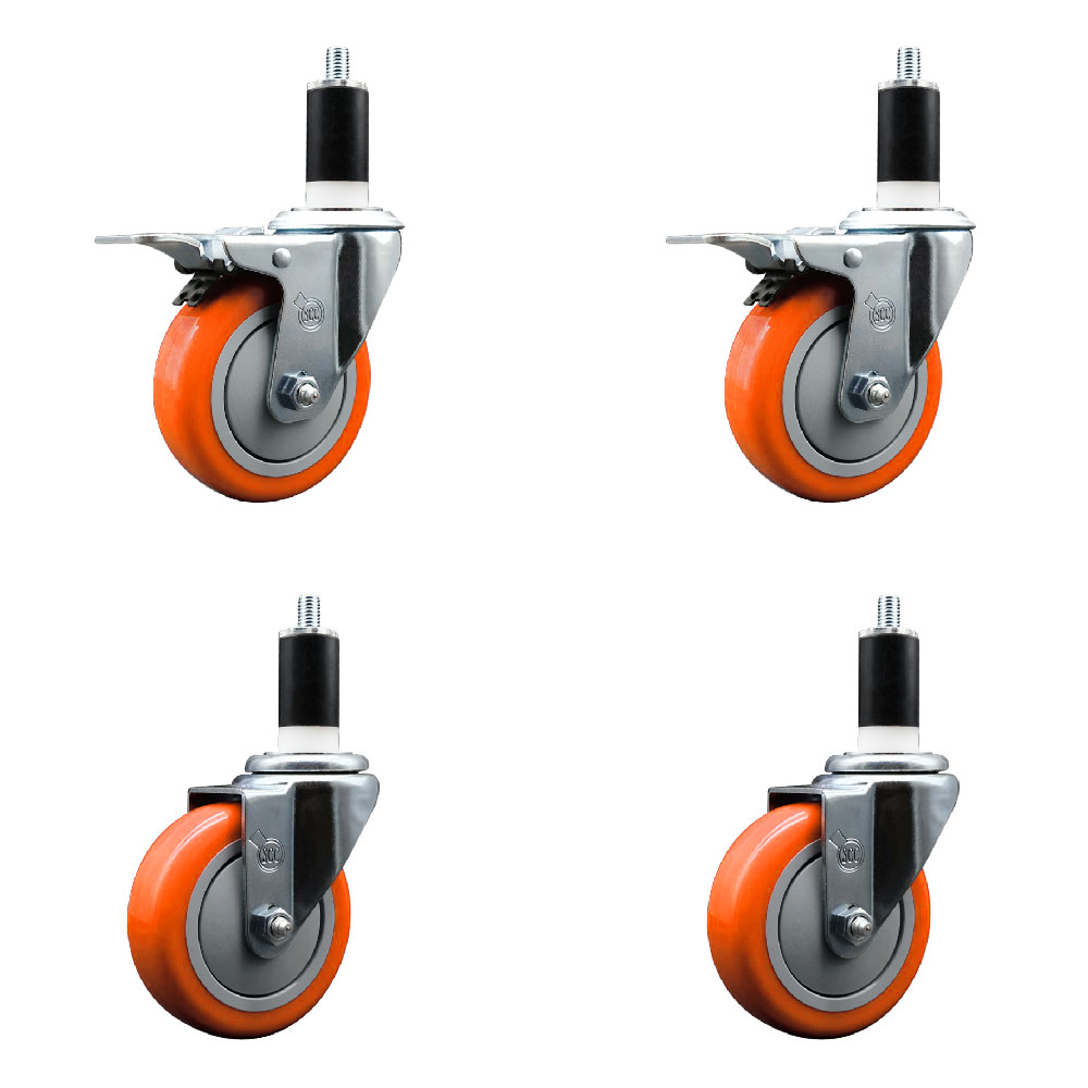 Polyurethane Swivel Expanding Stem Caster Set of 4 with 4 Inch Orange Wheels and 1-3/8" Stems - Includes 2 with Total Locking Brakes - 1400 lbs Total Capacity - Service Caster Brand — photo 1