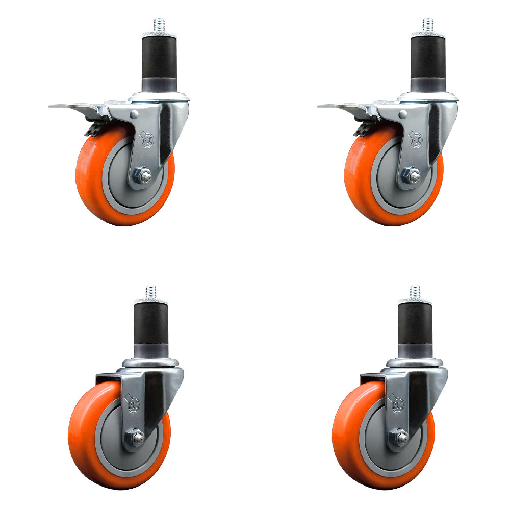Stainless Steel Polyurethane Swivel Expanding Stem Caster Set of 4 with 4 Inch Orange Wheels and 1-5/8" Stems - Includes 2 with Total Locking Brakes - 1400 lbs Total Capacity - Service Caster Brand — photo 1