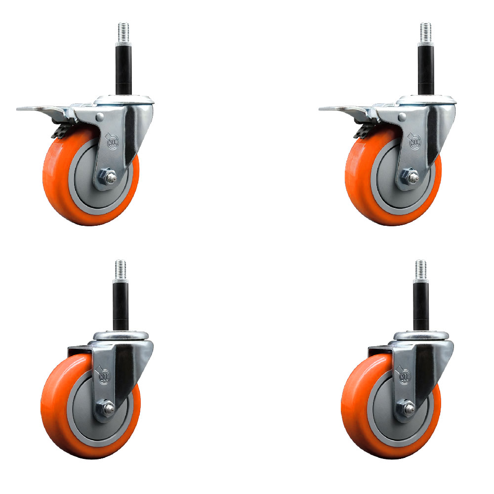 Polyurethane Swivel Stem Caster Set of 4 with 4 Inch Orange Caster Wheels - 3/4" Expanding Stem-316 Stainless Steel Casters - Includes 2 Swivel with Total Lock Brakes and 2 Swivel-Service Caster Brand — photo 1