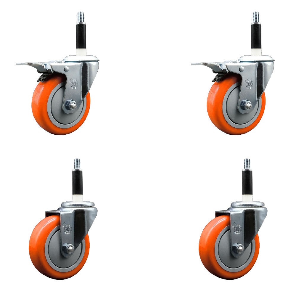 Stainless Steel Polyurethane Swivel Expanding Stem Caster Set of 4 with 4 Inch Orange Wheels and 7/8" Stems - Includes 2 with Total Locking Brakes - 1400 lbs Total Capacity - Service Caster Brand — photo 1