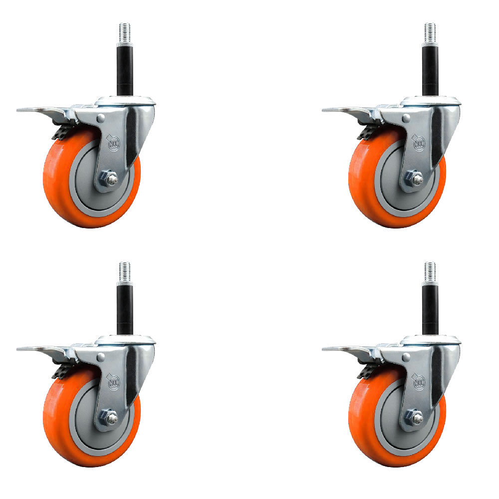 Polyurethane Swivel Expanding Stem Caster Set of 4 with 4 Inch Orange Wheels and 3/4" Stems - Includes 4 Swivel with Total Locking Brakes - 350 lbs. Capacity Per Caster - Service Caster Brand — photo 1