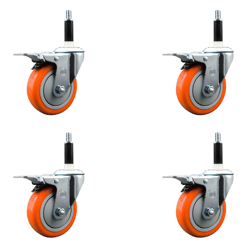 Polyurethane Swivel Expanding Stem Caster Set of 4 with 4 Inch Orange Wheels and 7/8" Stems - Includes 4 Swivel with Total Locking Brakes - 350 lbs. Capacity Per Caster - Service Caster Brand — photo 1
