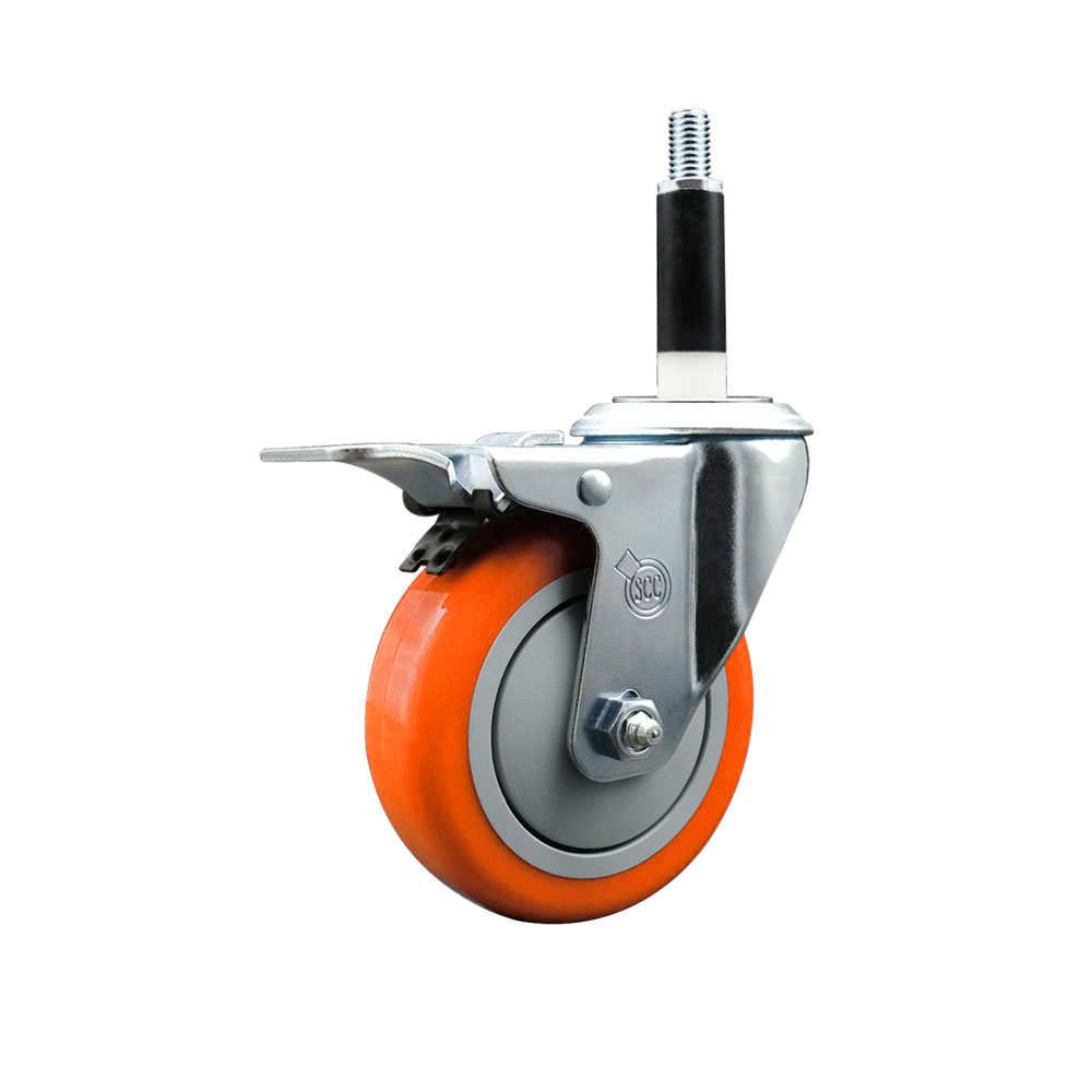 Polyurethane Expanding Stem Swivel Caster with 4 Inch Orange Wheel and 7/8" Stem & Total Locking Brake - 350 lbs. Capacity Per Caster - Service Caster Brand — photo 1