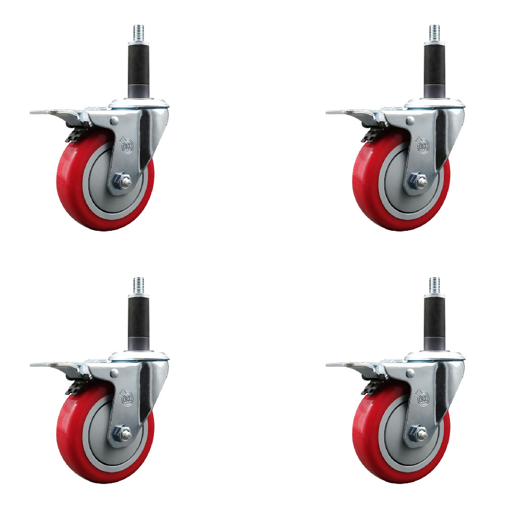 Stainless Steel Polyurethane Swivel Expanding Stem Caster Set of 4 with 4 Inch Red Wheels and 1" Stems - 4 Swivel with Total Locking Brakes - 350 lbs. Capacity Per Caster - Service Caster Brand — photo 1
