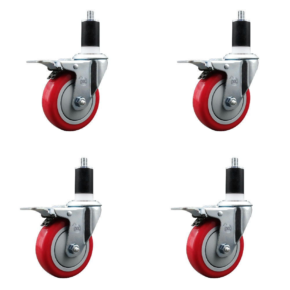 Polyurethane Swivel Expanding Stem Caster Set of 4 with 4 Inch Red Wheels and 1-1/2" Stems - Includes 4 Swivel with Total Locking Brakes - 350 lbs. Capacity Per Caster - Service Caster Brand — photo 1