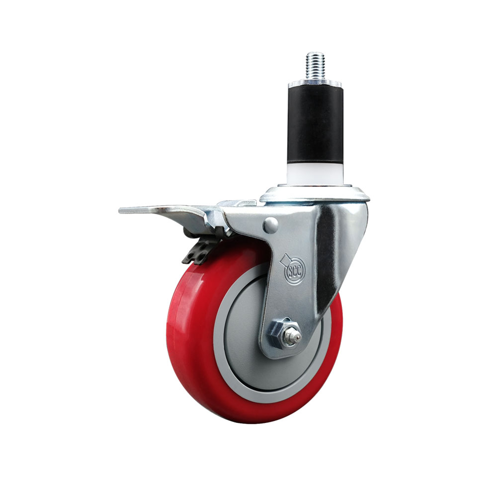 Polyurethane Expanding Stem Swivel Caster with 4 Inch Red Wheel and 1-1/2" Stem & Total Locking Brake - 350 lbs. Capacity Per Caster - Service Caster Brand — photo 1