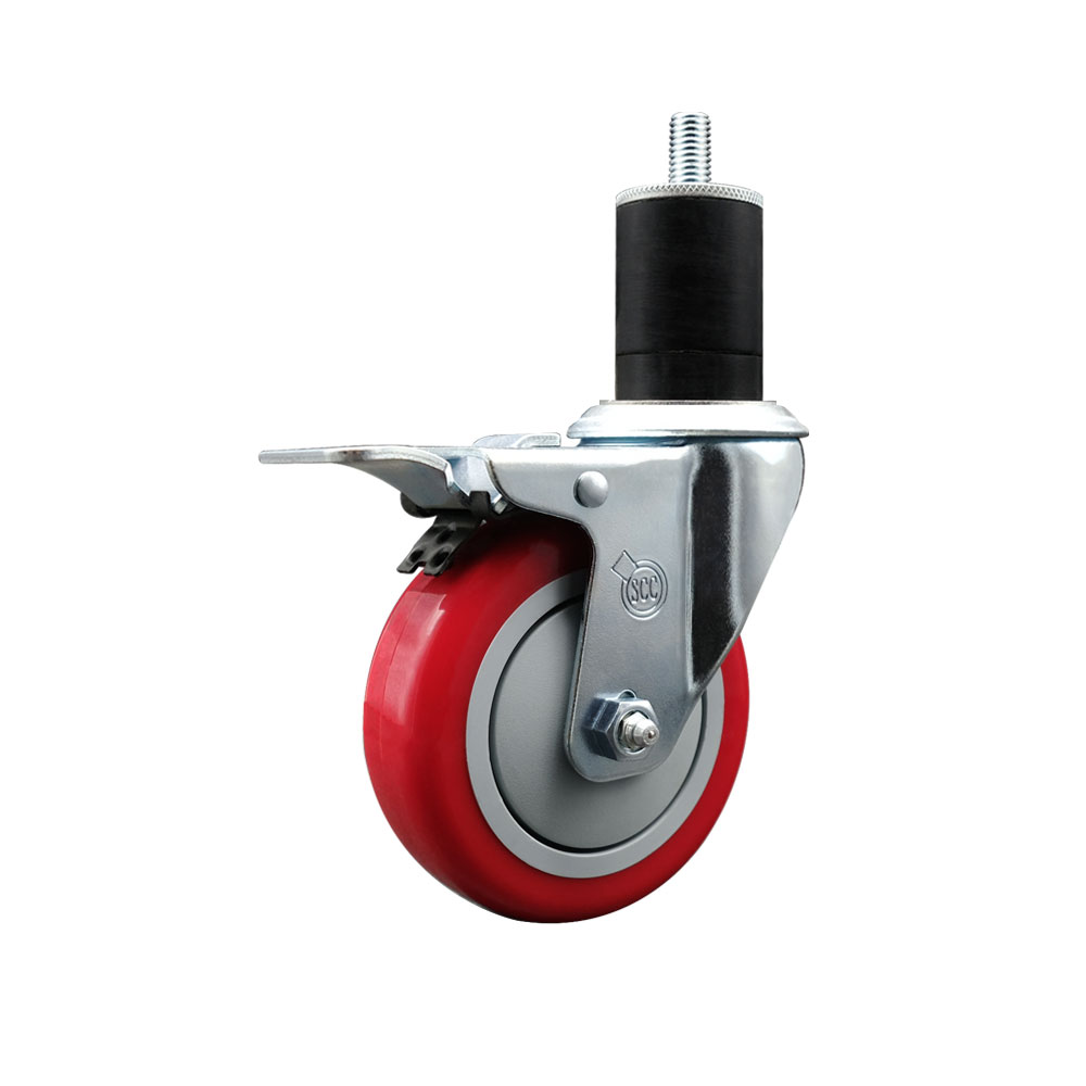Polyurethane Expanding Stem Swivel Caster with 4 Inch Red Wheel and 1-3/4" Stem & Total Locking Brake - 350 lbs. Capacity Per Caster - Service Caster Brand — photo 1