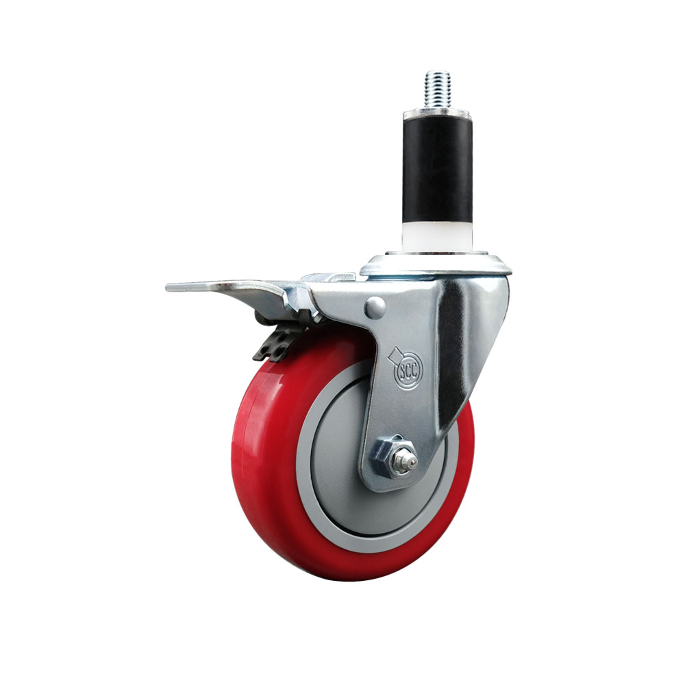 Polyurethane Expanding Stem Swivel Caster with 4 Inch Red Wheel and 1-3/8" Stem & Total Locking Brake - 350 lbs. Capacity Per Caster - Service Caster Brand — photo 1