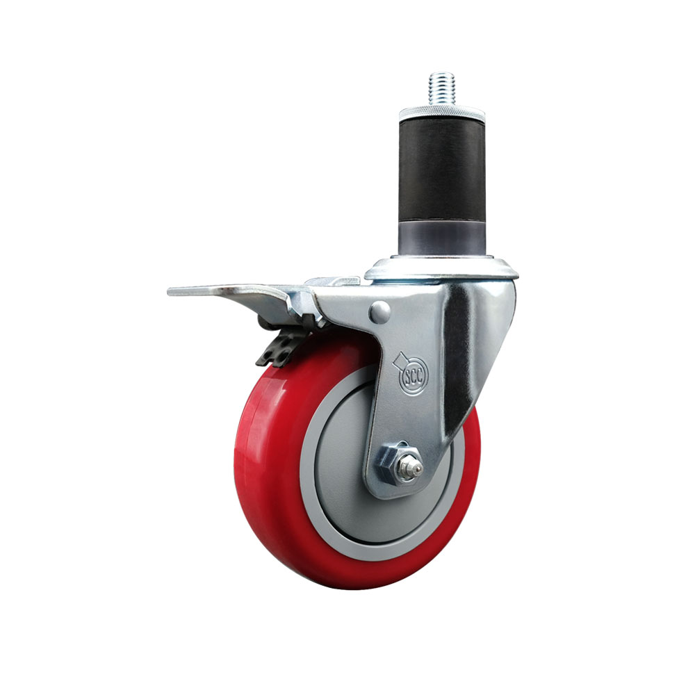 Polyurethane Expanding Stem Swivel Caster with 4 Inch Red Wheel and 1-5/8" Stem & Total Locking Brake - 350 lbs. Capacity Per Caster - Service Caster Brand — photo 1