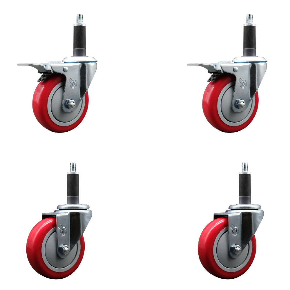 Polyurethane Swivel Expanding Stem Caster Set of 4 with 4 Inch Red Wheels and 1" Stems - Includes 2 with Total Locking Brakes - 1400 lbs Total Capacity - Service Caster Brand — photo 1