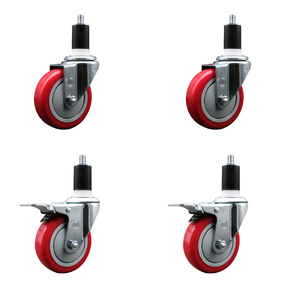 Stainless Steel Polyurethane Swivel Expanding Stem Caster Set of 4 with 4 Inch Red Wheels and 1-1/2" Stems - Includes 2 with Total Locking Brakes - 1400 lbs Total Capacity - Service Caster Brand — photo 1