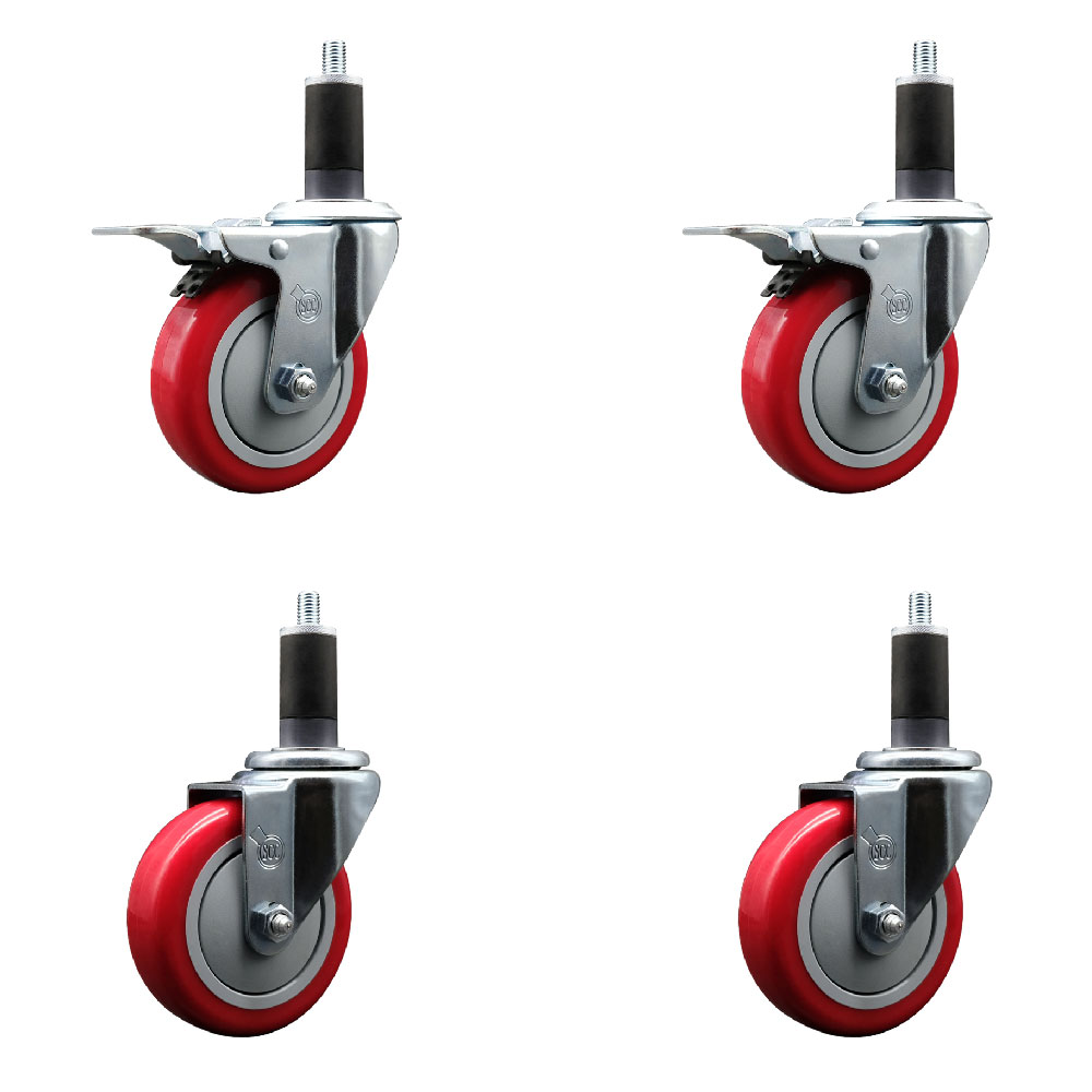 Polyurethane Swivel Expanding Stem Caster Set of 4 with 4 Inch Red Wheels and 1-1/4" Stems - Includes 2 with Total Locking Brakes - 1400 lbs Total Capacity - Service Caster Brand — photo 1