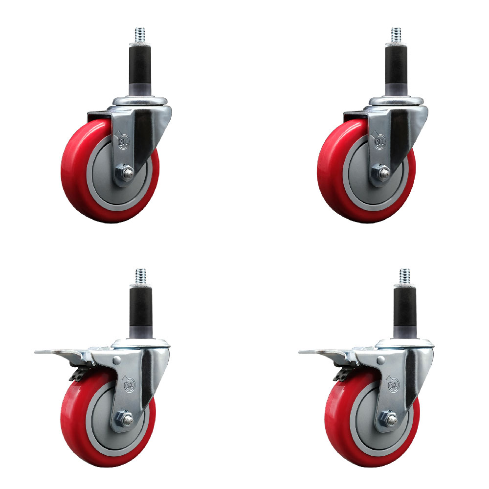 Polyurethane Swivel Expanding Stem Caster Set of 4 with 4 Inch Red Wheels and 1-1/8" Stems - Includes 2 with Total Locking Brakes - 1400 lbs Total Capacity - Service Caster Brand — photo 1