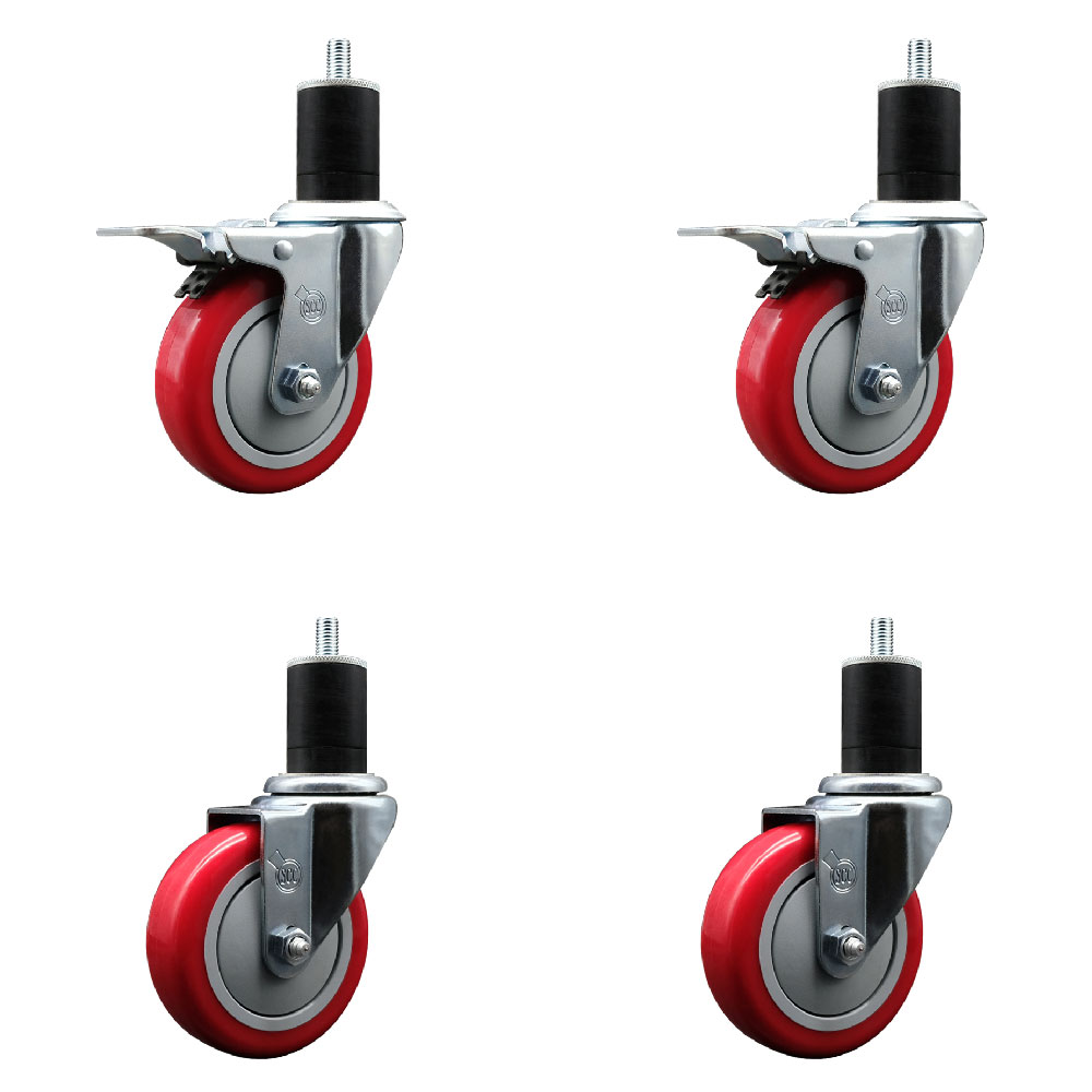 Stainless Steel Polyurethane Swivel Expanding Stem Caster Set of 4 with 4 Inch Red Wheels and 1-3/4" Stems - Includes 2 with Total Locking Brakes - 1400 lbs Total Capacity - Service Caster Brand — photo 1
