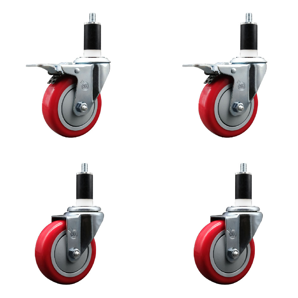 Polyurethane Swivel Expanding Stem Caster Set of 4 with 4 Inch Red Wheels and 1-3/8" Stems - Includes 2 with Total Locking Brakes - 1400 lbs Total Capacity - Service Caster Brand — photo 1