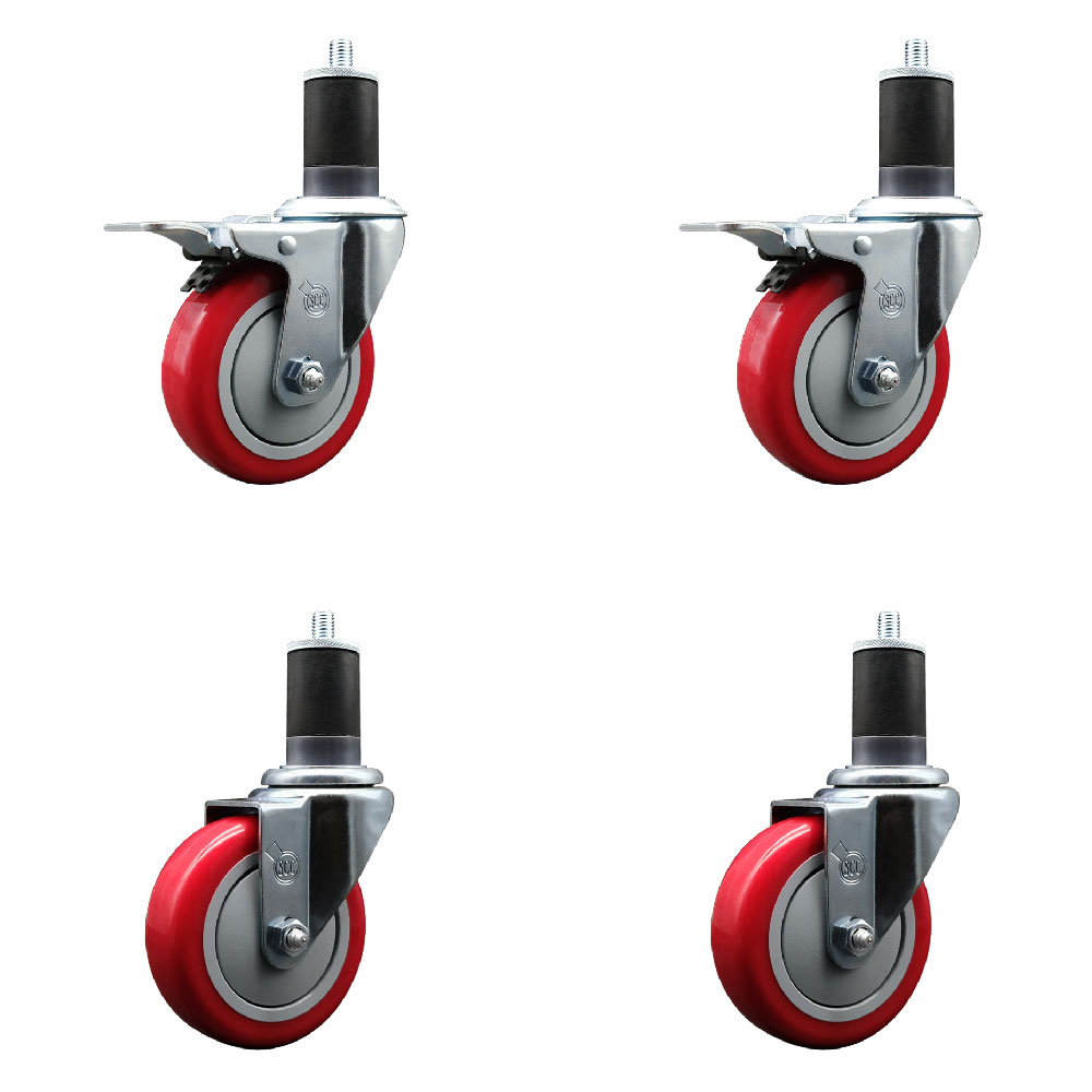 Polyurethane Swivel Expanding Stem Caster Set of 4 with 4 Inch Red Wheels and 1-5/8" Stems - Includes 2 with Total Locking Brakes - 1400 lbs Total Capacity - Service Caster Brand — photo 1
