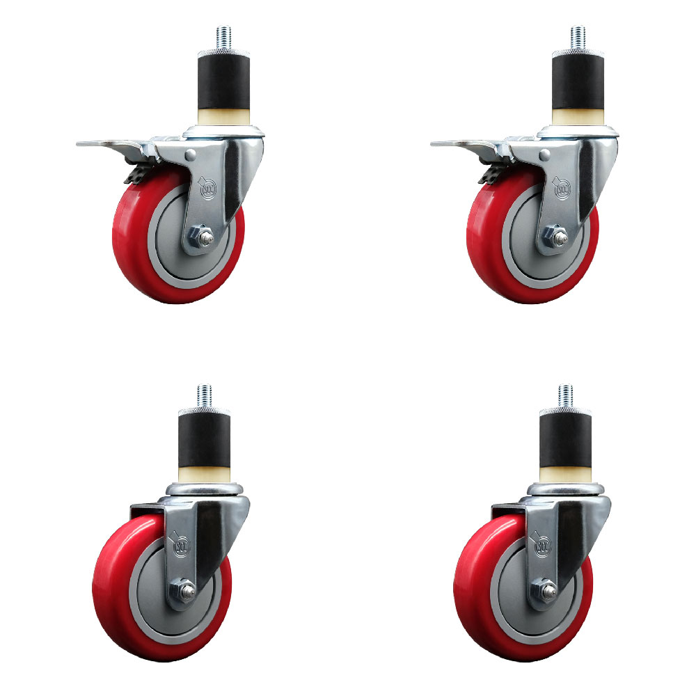 Polyurethane Swivel Expanding Stem Caster Set of 4 with 4 Inch Red Wheels and 1-7/8" Stems - Includes 2 with Total Locking Brakes - 1400 lbs Total Capacity - Service Caster Brand — photo 1