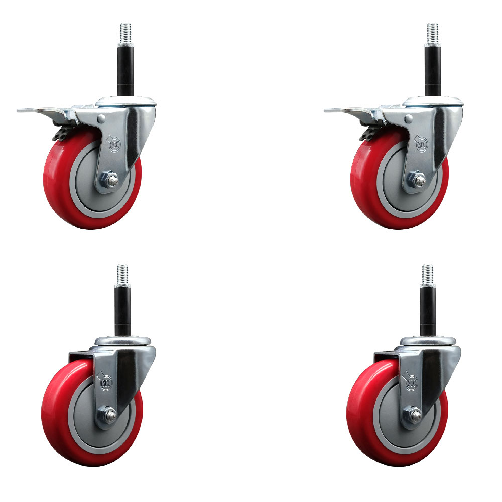 Polyurethane Swivel Expanding Stem Caster Set of 4 with 4 Inch Red Wheels and 3/4" Stems - Includes 2 with Total Locking Brakes - 1400 lbs Total Capacity - Service Caster Brand — photo 1