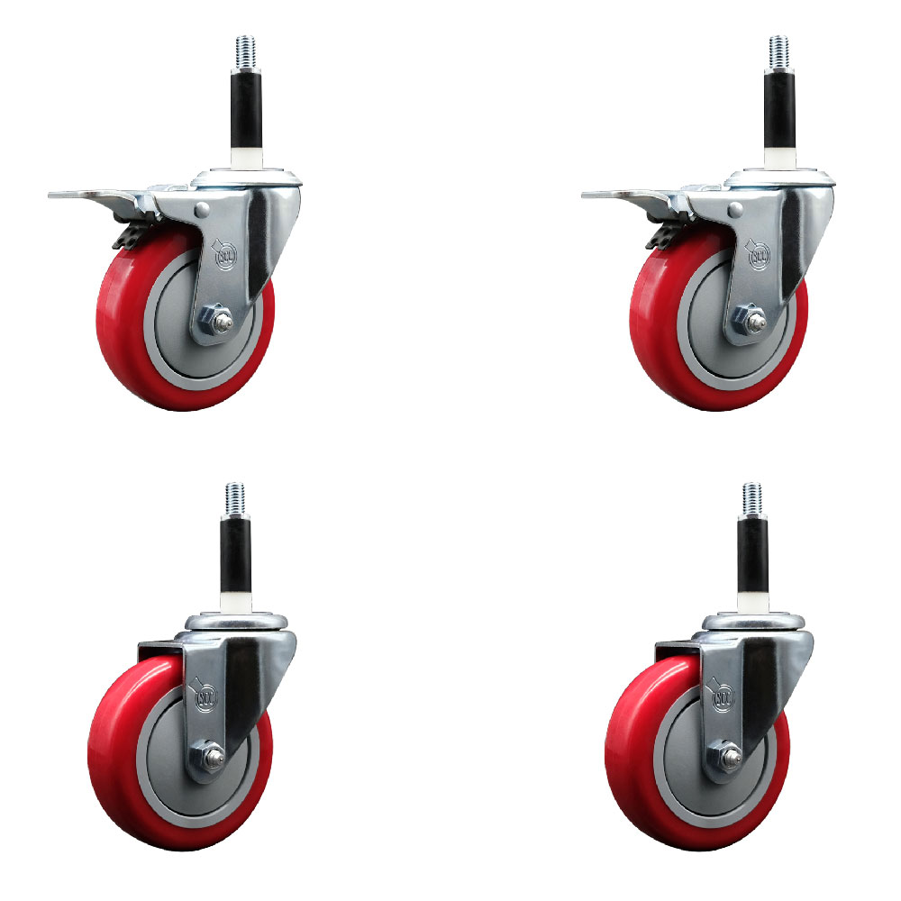 Polyurethane Swivel Expanding Stem Caster Set of 4 with 4 Inch Red Wheels and 7/8" Stems - Includes 2 with Total Locking Brakes - 1400 lbs Total Capacity - Service Caster Brand — photo 1