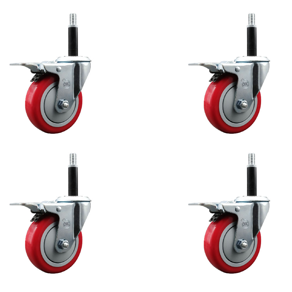 Polyurethane Swivel Expanding Stem Caster Set of 4 with 4 Inch Red Wheels and 3/4" Stems - Includes 4 Swivel with Total Locking Brakes - 350 lbs. Capacity Per Caster - Service Caster Brand — photo 1
