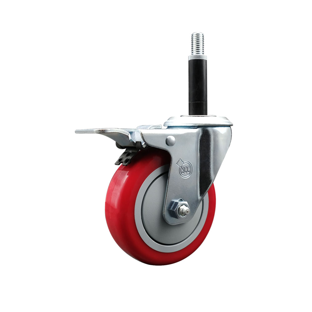 Stainless Steel Polyurethane Expanding Stem Swivel Caster with 4 Inch Red Wheel and 3/4" Stem & Total Locking Brake - 350 lbs. Capacity Per Caster - Service Caster Brand — photo 1