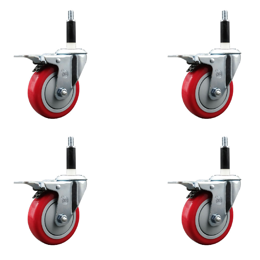 Stainless Steel Polyurethane Swivel Expanding Stem Caster Set of 4 with 4 Inch Red Wheels and 7/8" Stems - 4 Swivel with Total Locking Brakes - 350 lbs. Capacity Per Caster - Service Caster Brand — photo 1