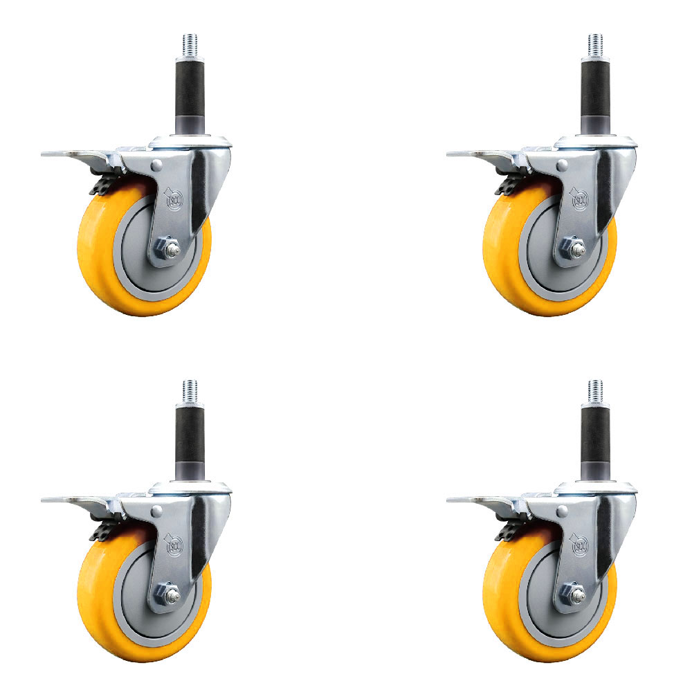 Polyurethane Swivel Expanding Stem Caster Set of 4 with 4 Inch Yellow Wheels and 1" Stems - Includes 4 Swivel with Total Locking Brakes - 350 lbs. Capacity Per Caster - Service Caster Brand — photo 1