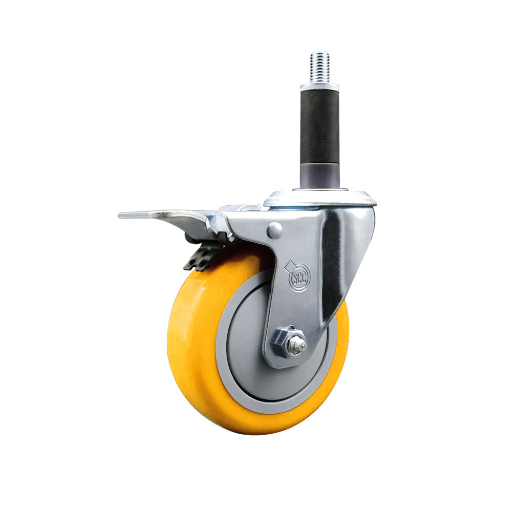 Polyurethane Expanding Stem Swivel Caster with 4 Inch Yellow Wheel and 1" Stem & Total Locking Brake - 350 lbs. Capacity Per Caster - Service Caster Brand — photo 1