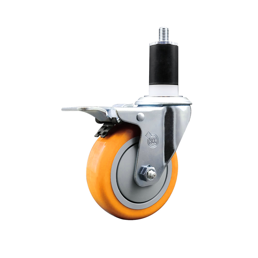 Stainless Steel Polyurethane Expanding Stem Swivel Caster with 4 Inch Yellow Wheel and 1-1/2" Stem & Total Locking Brake - 350 lbs. Capacity Per Caster - Service Caster Brand — photo 1