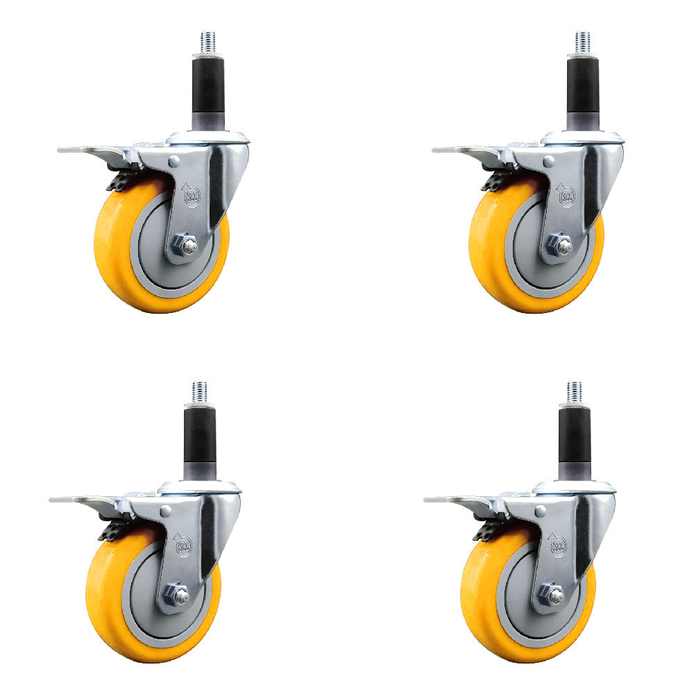 Polyurethane Swivel Expanding Stem Caster Set of 4 with 4 Inch Yellow Wheels and 1-1/8" Stems - Includes 4 Swivel with Total Locking Brakes - 350 lbs. Capacity Per Caster - Service Caster Brand — photo 1