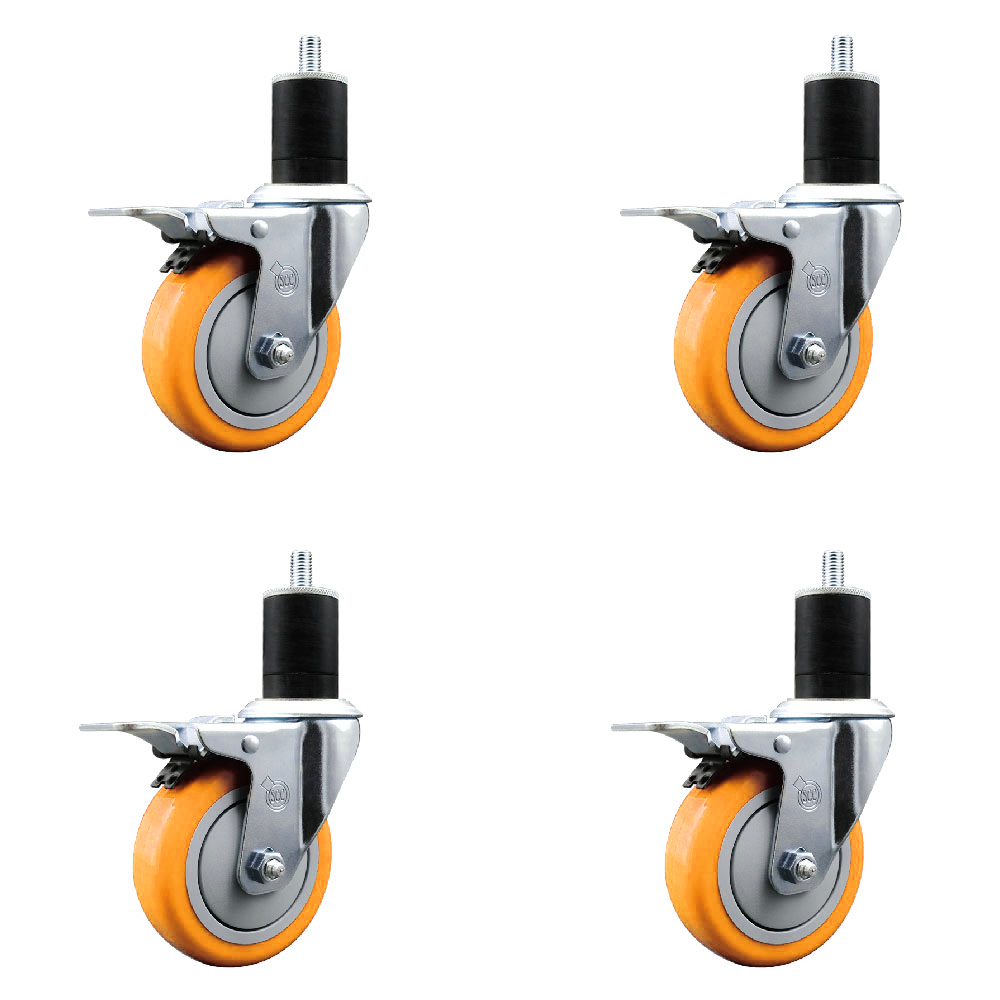 Stainless Steel Polyurethane Swivel Expanding Stem Caster Set of 4 with 4 Inch Yellow Wheels and 1-3/4" Stems-Include 4 Swivel with Total Locking Brake-350lbs. Capacity Per Caster-Service Caster Brand — photo 1