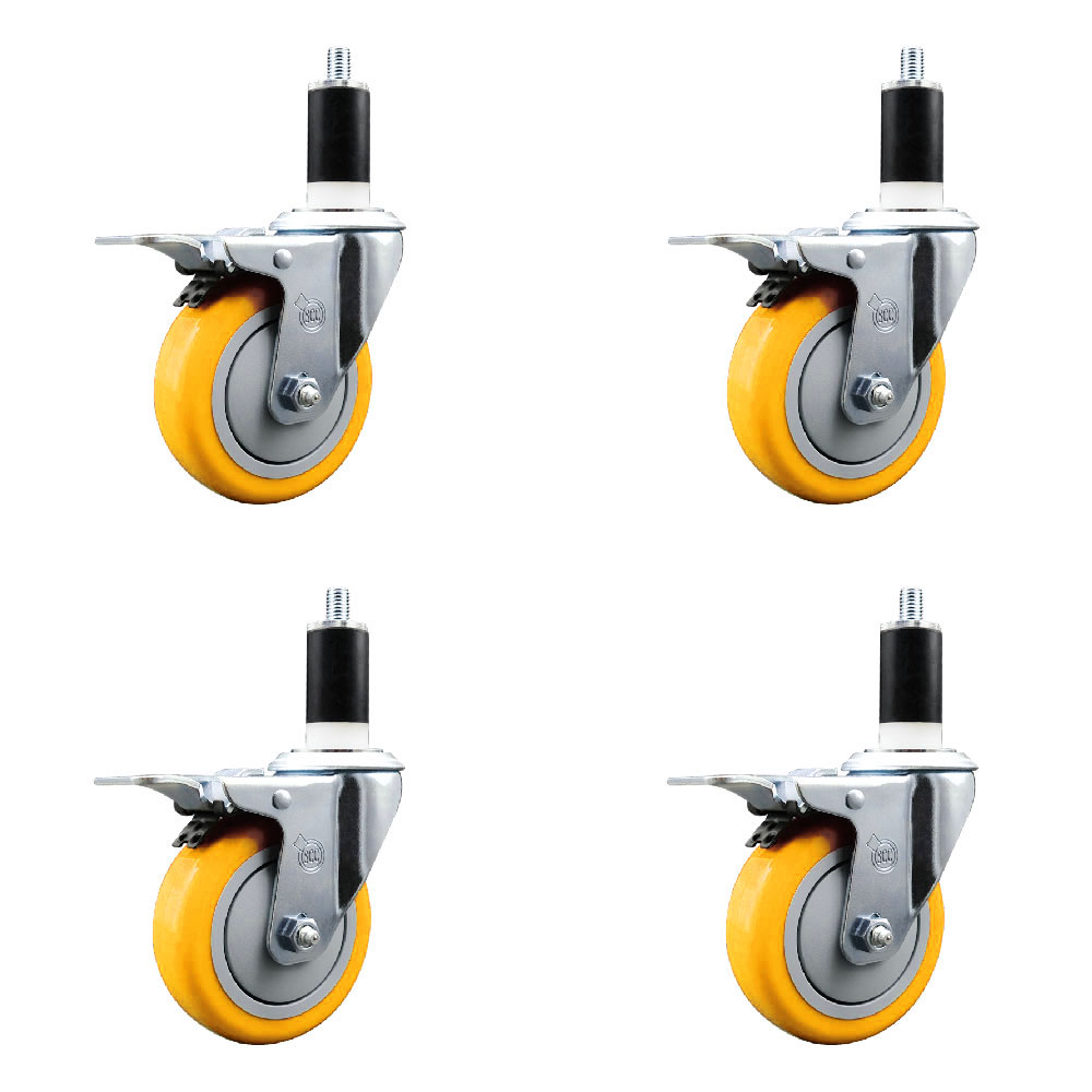 Polyurethane Swivel Expanding Stem Caster Set of 4 with 4 Inch Yellow Wheels and 1-3/8" Stems - Includes 4 Swivel with Total Locking Brakes - 350 lbs. Capacity Per Caster - Service Caster Brand — photo 1