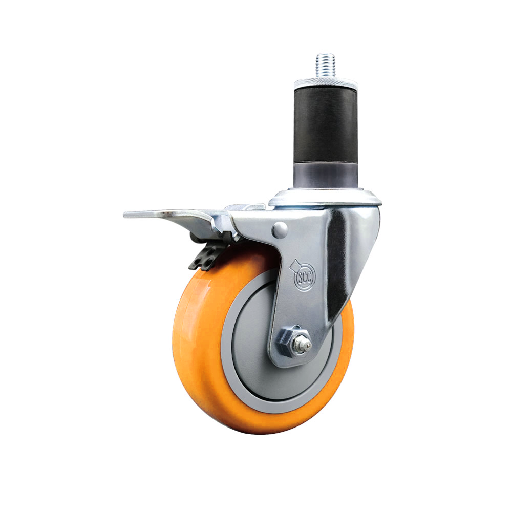 Polyurethane Swivel Stem Caster with 4 Inch Yellow Caster Wheel and Total Lock Brake - 1-5/8" Expanding Stem - 316 Stainless Steel Caster - 350 lbs. Capacity Per Caster - Service Caster Brand — photo 1