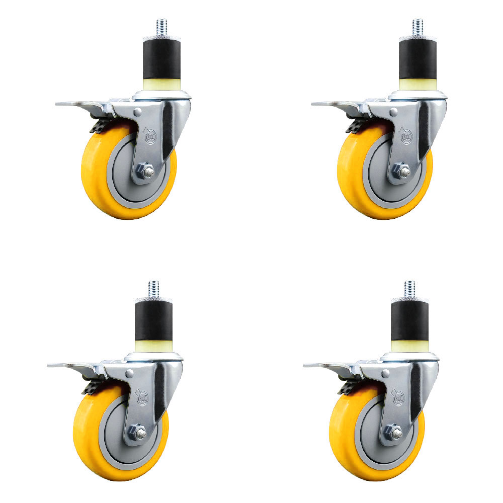 Polyurethane Swivel Expanding Stem Caster Set of 4 with 4 Inch Yellow Wheels and 1-7/8" Stems - Includes 4 Swivel with Total Locking Brakes - 350 lbs. Capacity Per Caster - Service Caster Brand — photo 1