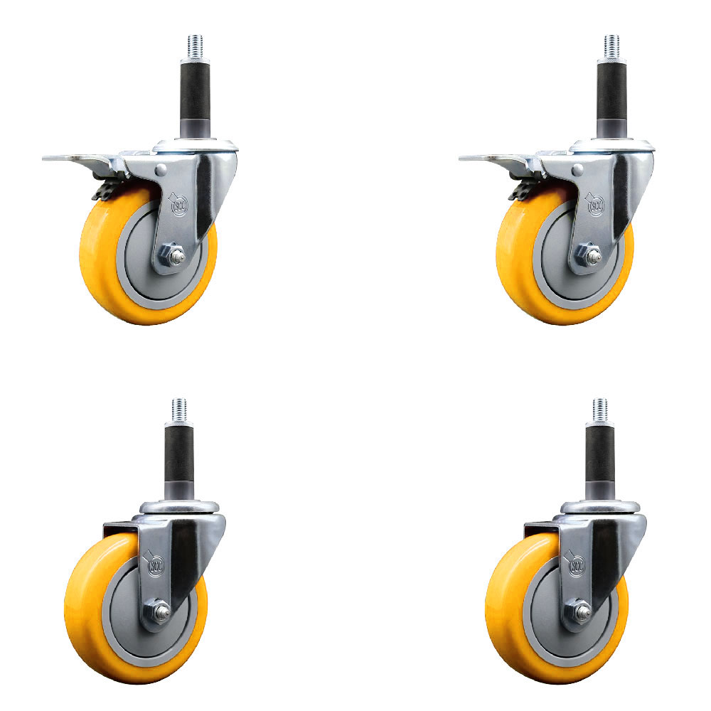 Polyurethane Swivel Expanding Stem Caster Set of 4 with 4 Inch Yellow Wheels and 1" Stems - Includes 2 with Total Locking Brakes - 1400 lbs Total Capacity - Service Caster Brand — photo 1