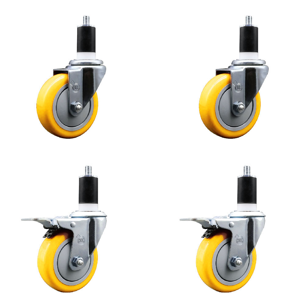 Stainless Steel Polyurethane Swivel Expanding Stem Caster Set of 4 with 4 Inch Yellow Wheels and 1-1/2" Stems - Includes 2 with Total Locking Brakes - 1400 lbs Total Capacity - Service Caster Brand — photo 1