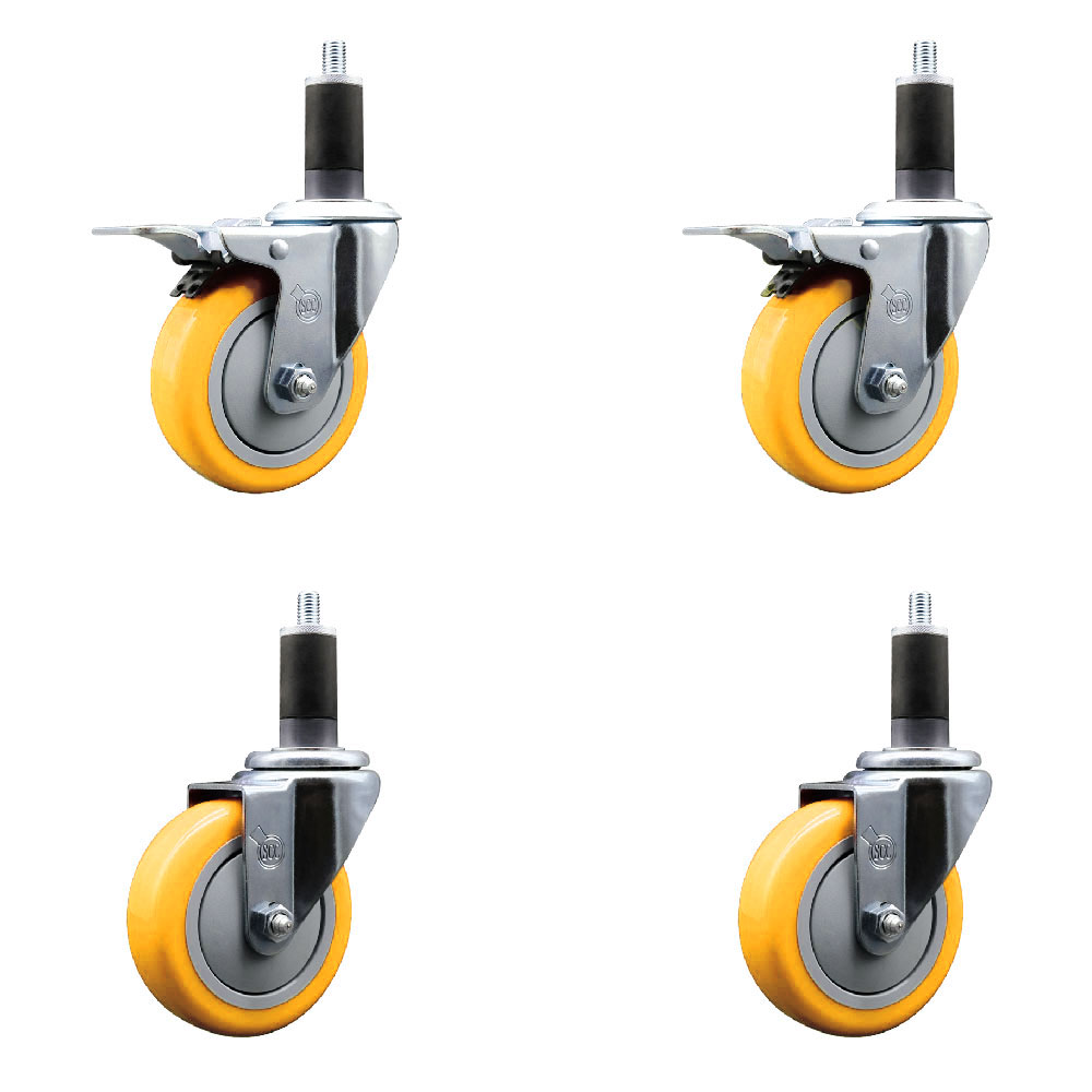 Polyurethane Swivel Stem Caster Set of 4 with 4 Inch Yellow Caster Wheels - 1-1/4" Expanding Stem-316 Stainless Steel Casters-Includes 2 Swivel with Total Lock Brakes and 2 Swivel-Service Caster Brand — photo 1