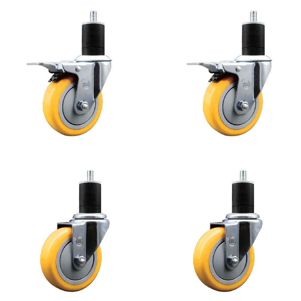 Polyurethane Swivel Stem Caster Set of 4 with 4 Inch Yellow Caster Wheels - 1-3/4" Expanding Stem-316 Stainless Steel Casters-Includes 2 Swivel with Total Lock Brakes and 2 Swivel-Service Caster Brand — photo 1